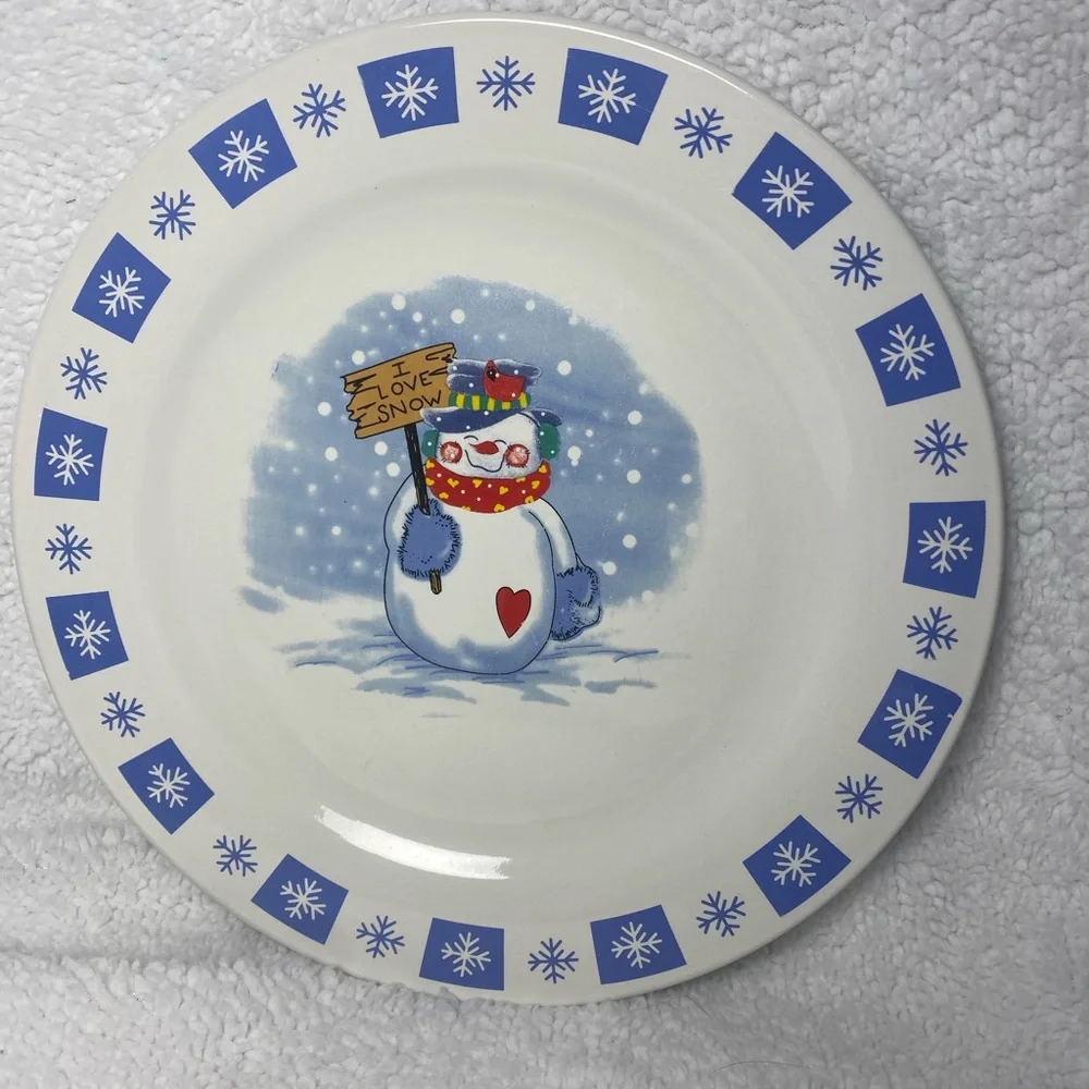 “I Love Snow” Snowman with Heart and Cardinal on Hat Stoneware Plate